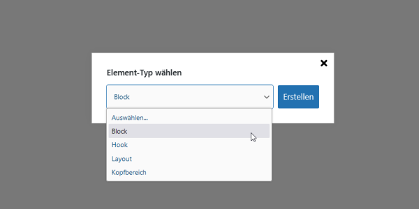Element-Typ Block auswählen in GeneratePress
