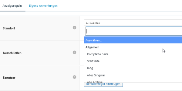 Standort 404 Vorlage auswählen in GeneratePress Element-Typ Block