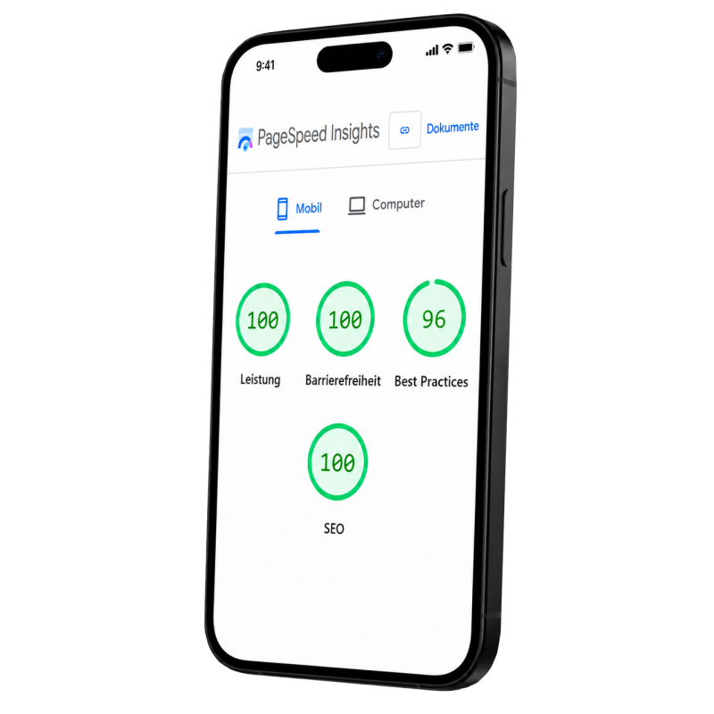 Ein modern ausgerichtetes Smartphone zeigt das Google PageSpeed Insights Testergebnis von byteboom.agency mit den Spitzenwerten: Leistung 100, Barrierefreiheit 100, Best Practices 96 und SEO 100.